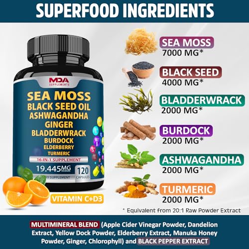 Sea Moss Black Seed Oil Ashwagandha Ginger - Multimineral Sea Moss Capsules MDA Supplements