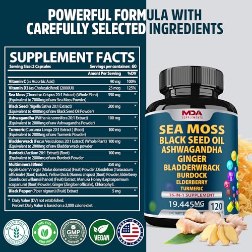 Sea Moss Black Seed Oil Ashwagandha Ginger - Multimineral Sea Moss Capsules MDA Supplements