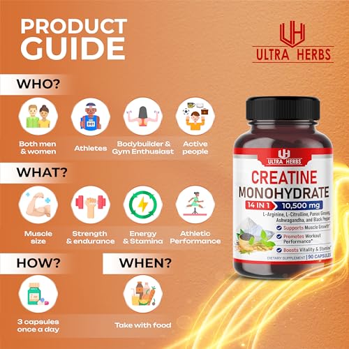 Ultra Creatine Pills Muscle Growth 9800mg Creatine Monohydrate Capsules w Ginseng