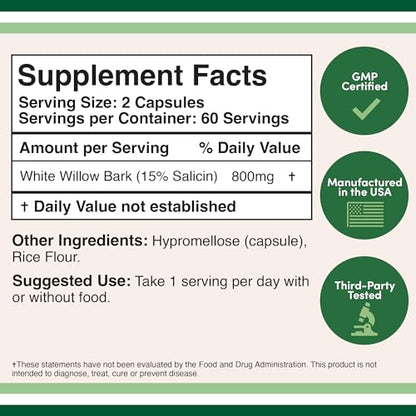 White Willow Bark Capsules 800mg per Serving, 120 Count (Willow Bark Extract Std. Double Wood Supplements