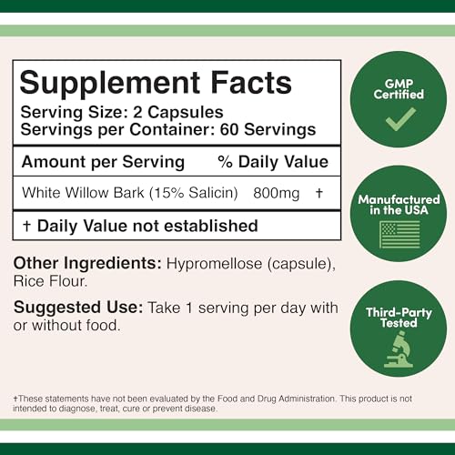 White Willow Bark Capsules 800mg per Serving, 120 Count (Willow Bark Extract Std. Double Wood Supplements
