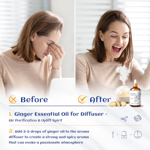 HIQILI Pure Ginger Essential Oil 3.38 Fl Oz, Pure Natural Premium Ginger Oil for Massage HIQILI