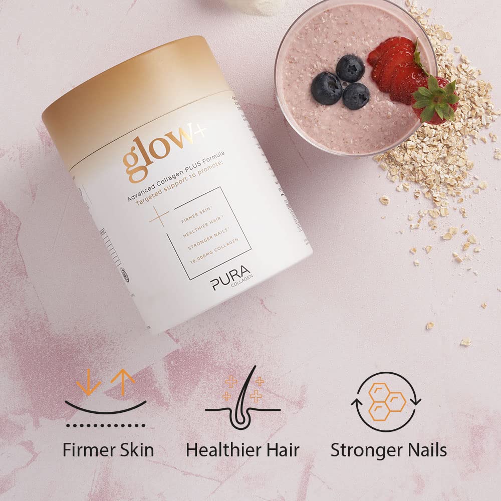 Pura Collagen Powdered Supplement Glow+, 10,000mg Hydrolysed Peptides, Hyaluronic Acid, Vitamins & Minerals, 28 Servings, 284 g Pura Collagen
