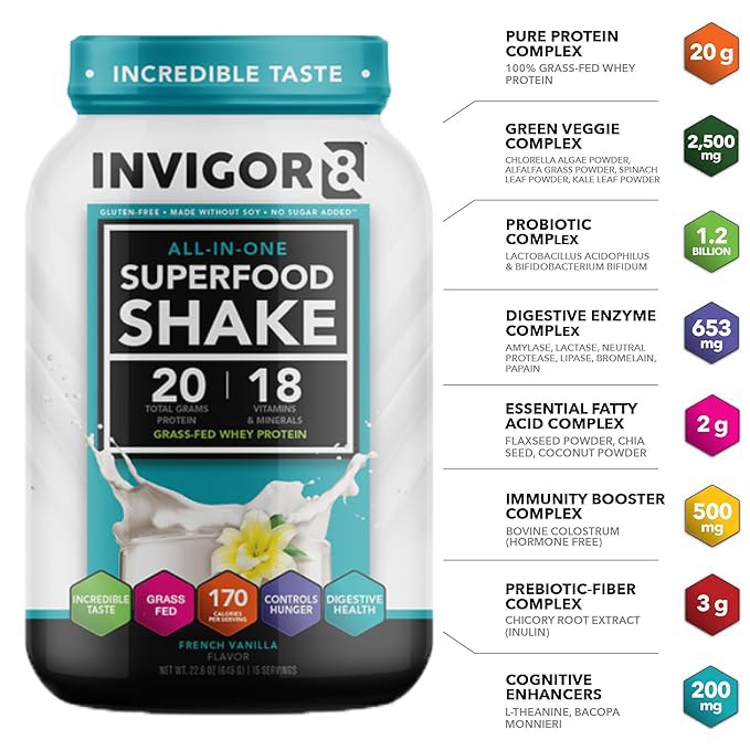 INVIGOR8 Superfood Grass Fed Whey Protein Isolate Shake French Vanilla Gluten-Free INVIGOR8