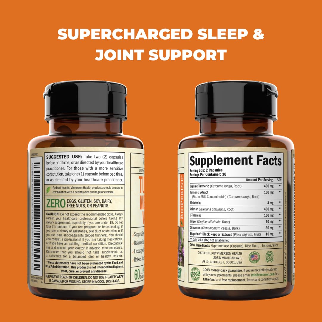 Turmeric, Melatonin & Valerian Root Sleep Aid Supplement. Natural Sleep Aid for Adults Vimerson Health