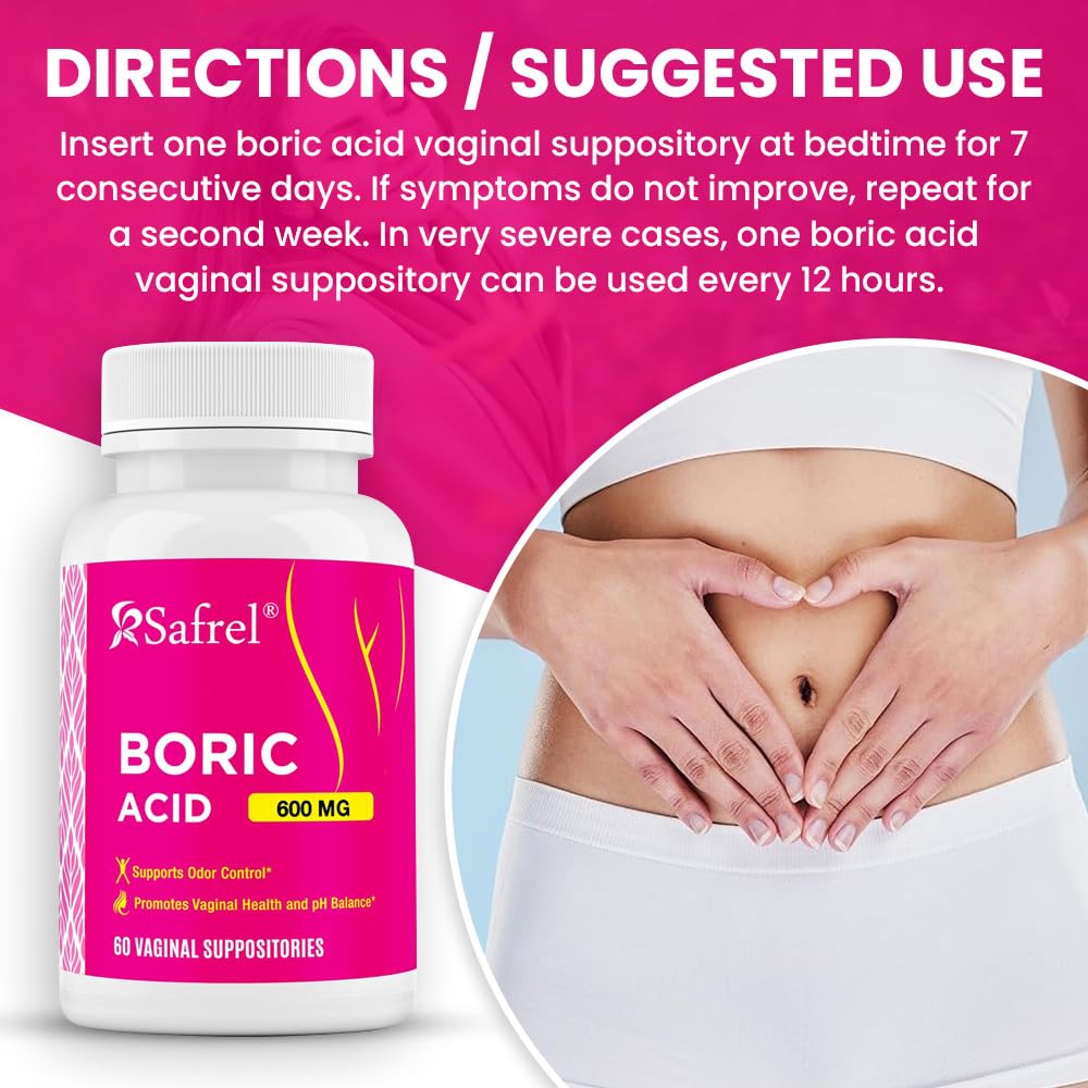 Safrel Boric Acid Vaginal Suppositories - 60 Count (1-Pack) – 100% Pure USA-Made, Supports Intimate Safrel