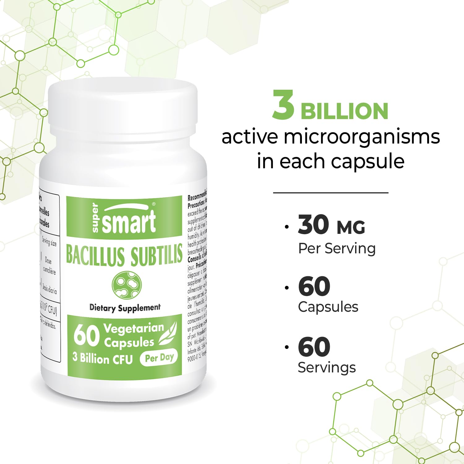 Supersmart - Bacillus Subtilis 3 Billion CFU per Day (High Potency) - Spore Probiotic Supersmart