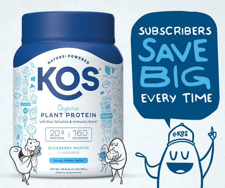 KOS Plant Based Protein Powder, Blueberry Muffin - Organic Pea Protein Superfood KOS