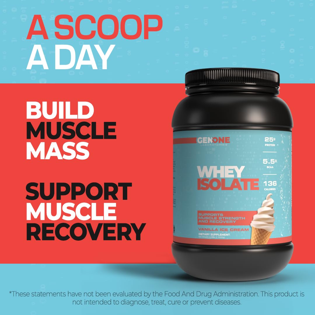 GenOne Whey Protein Powder Isolate, 25g Protein and 5.5g BCAAs per Serving, Vanilla Ice GENONE LABORATORIES