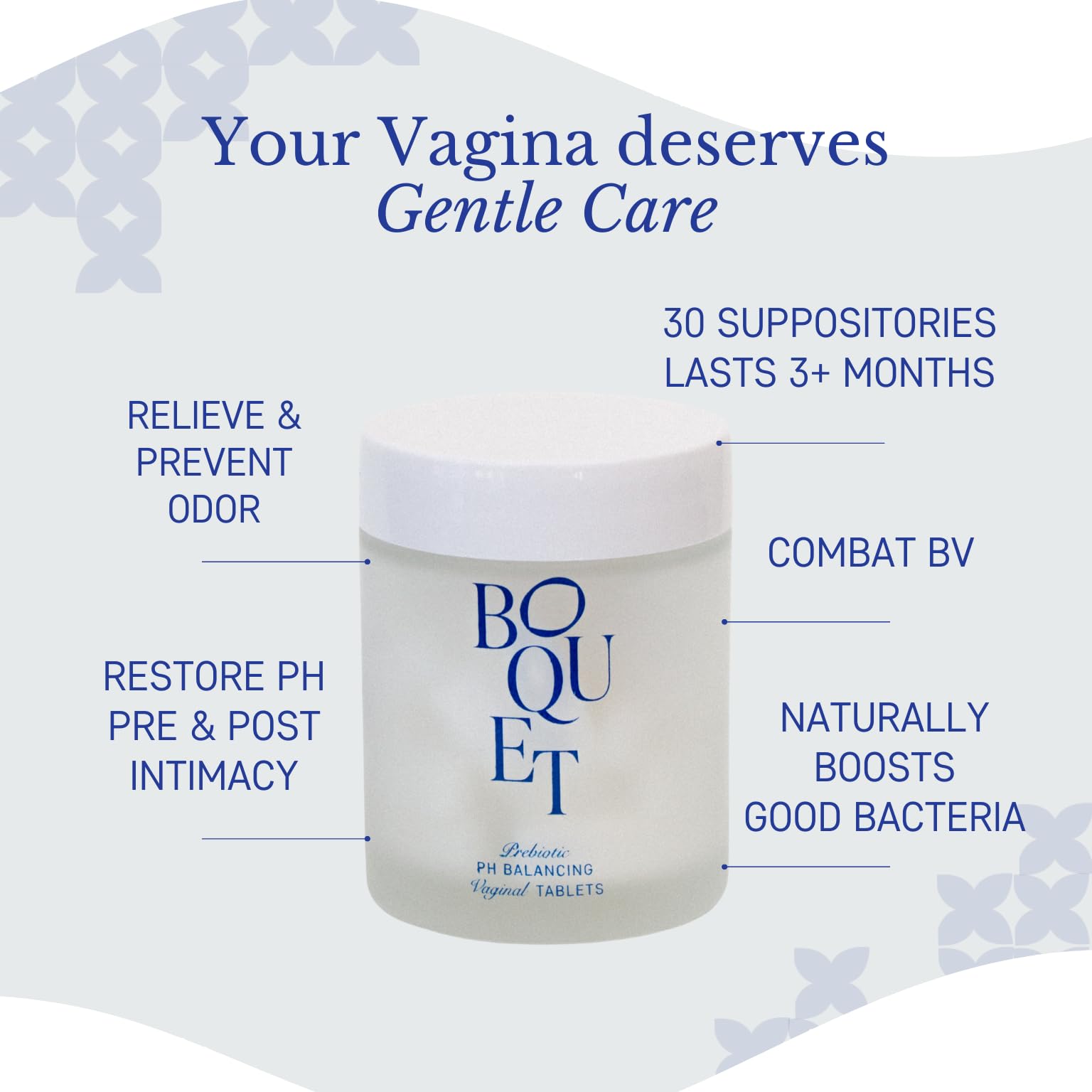 Boquet Vaginal Prebiotic Suppository- Relieve Odor, Prevent Bacterial Vaginosis, Balance pH Boquet