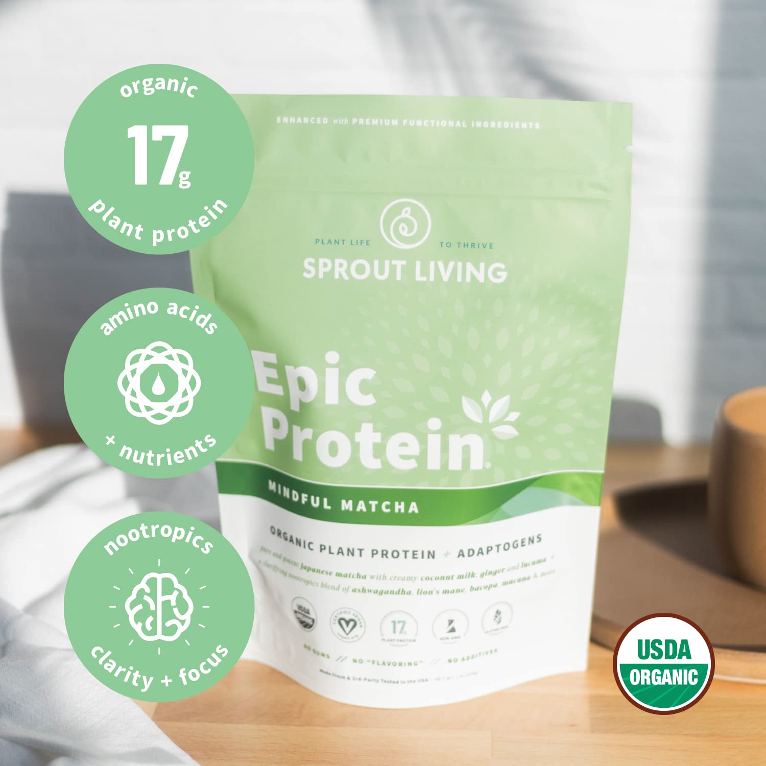 Sprout Living Epic Protein, Plant Based Protein & Superfoods Powder, Mindful Matcha Sprout Living
