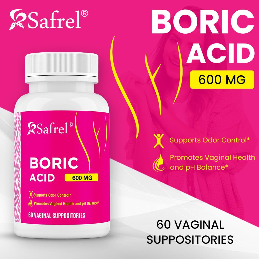 Safrel Boric Acid Vaginal Suppositories - 60 Count (1-Pack) – 100% Pure USA-Made, Supports Intimate Safrel