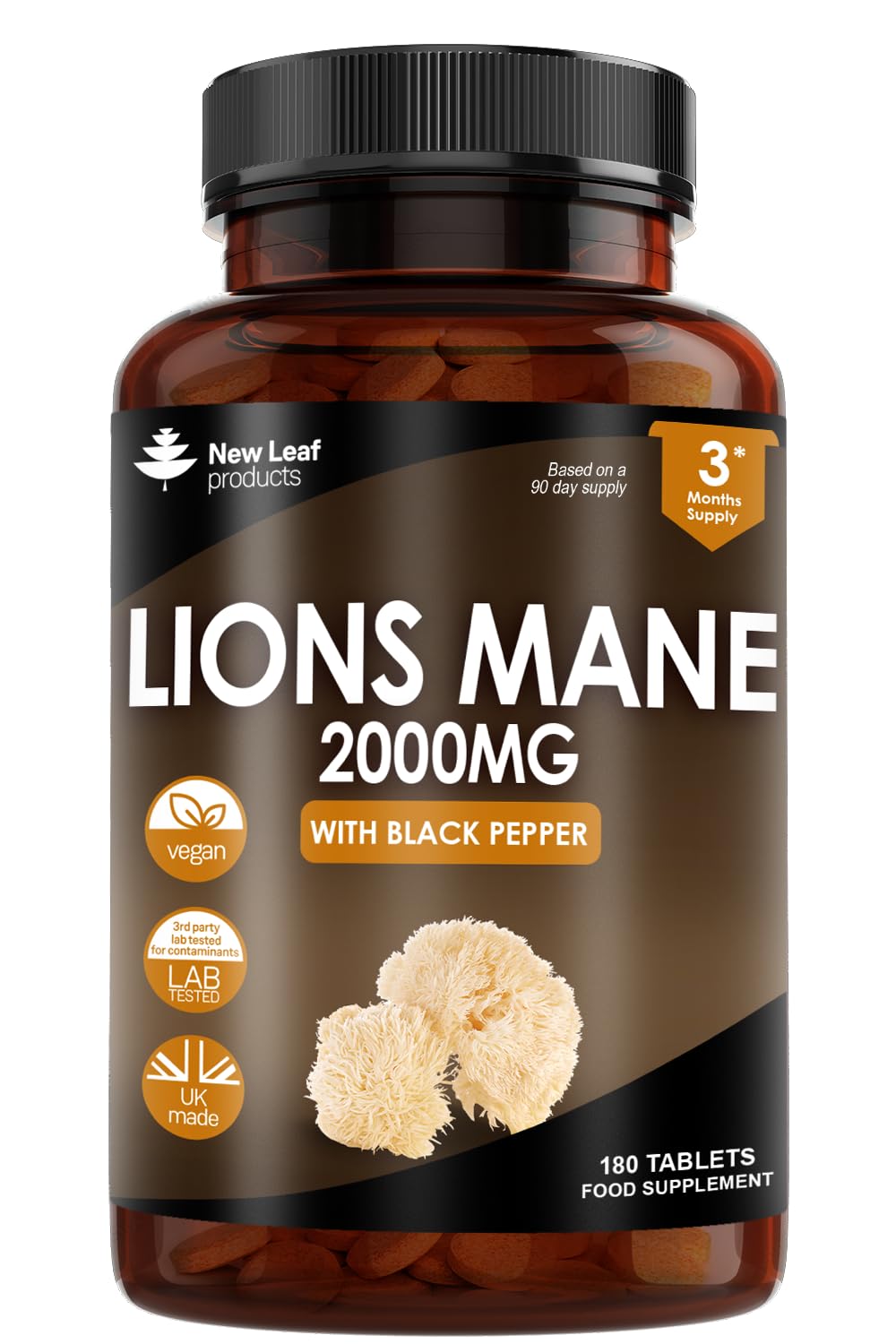 Lions Mane Mushroom Extract Supplement 2000mg - 180 High Strength Vegan Tablets