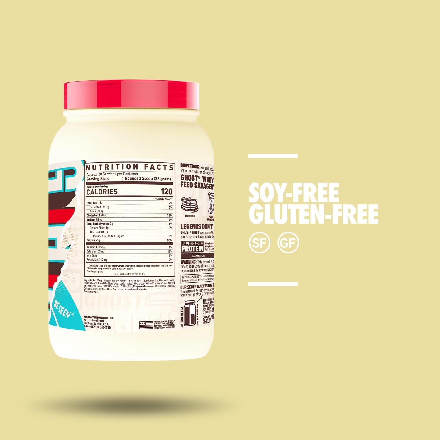 GHOST Whey Protein Powder, Coffee Ice Cream - 2LB Tub, 25G of Protein - Flavored Isolate GHOST