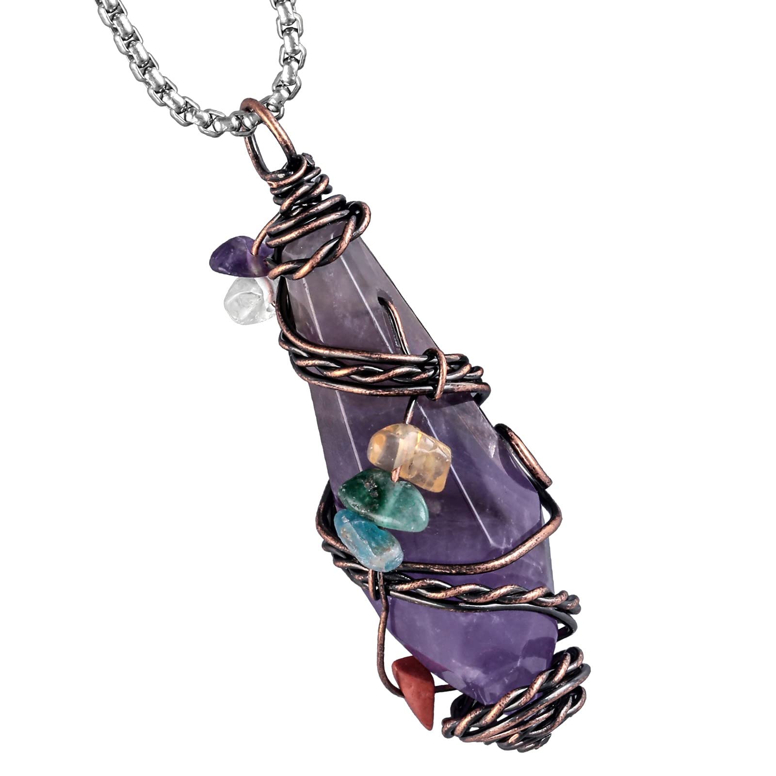 Nupuyai Wire Wrapped 7 Chakra Crystal Stone Pendant Necklace for Women Men, Handmade Faceted