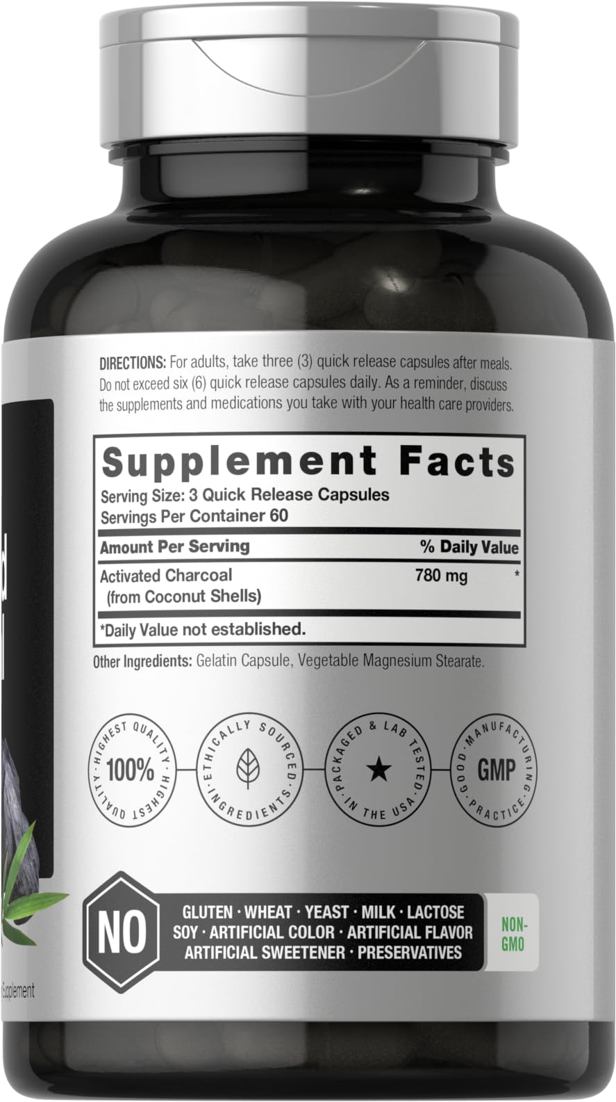 Charcoal Pills 780mg | 180 Capsules | Activated Charcoal from Coconut Shells | Non-GMO Horbäach