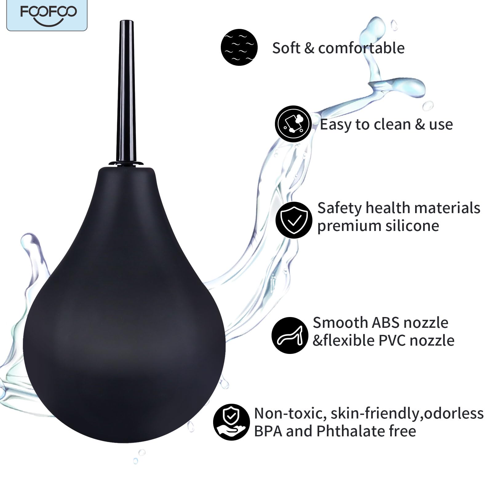 Enema Bulb 7.6oz Douche Enema Kit Includes 4 Nozzles for Women & Men Black with Storage Bag FOOFOO