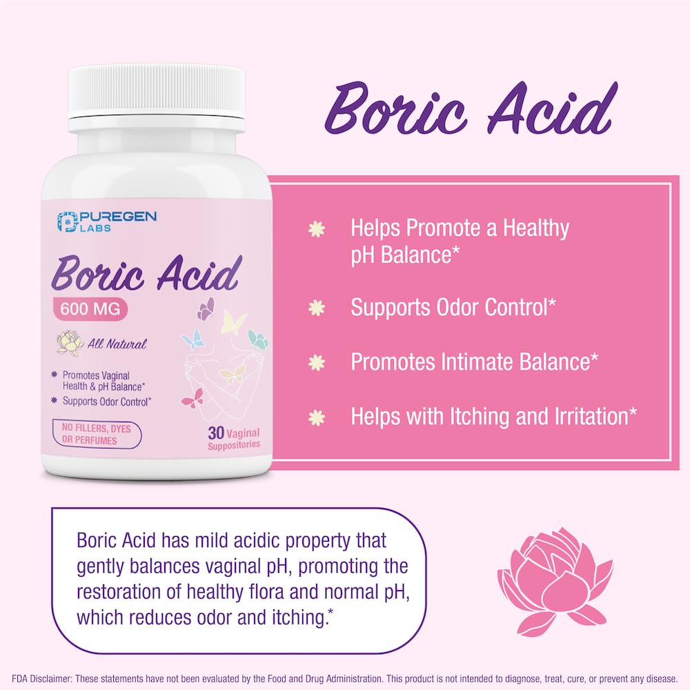 Puregen Labs Boric Acid 600 mg Vaginal Suppositories - 100% Pure | All Natural Without Dyes or Fillers P Puregen Labs