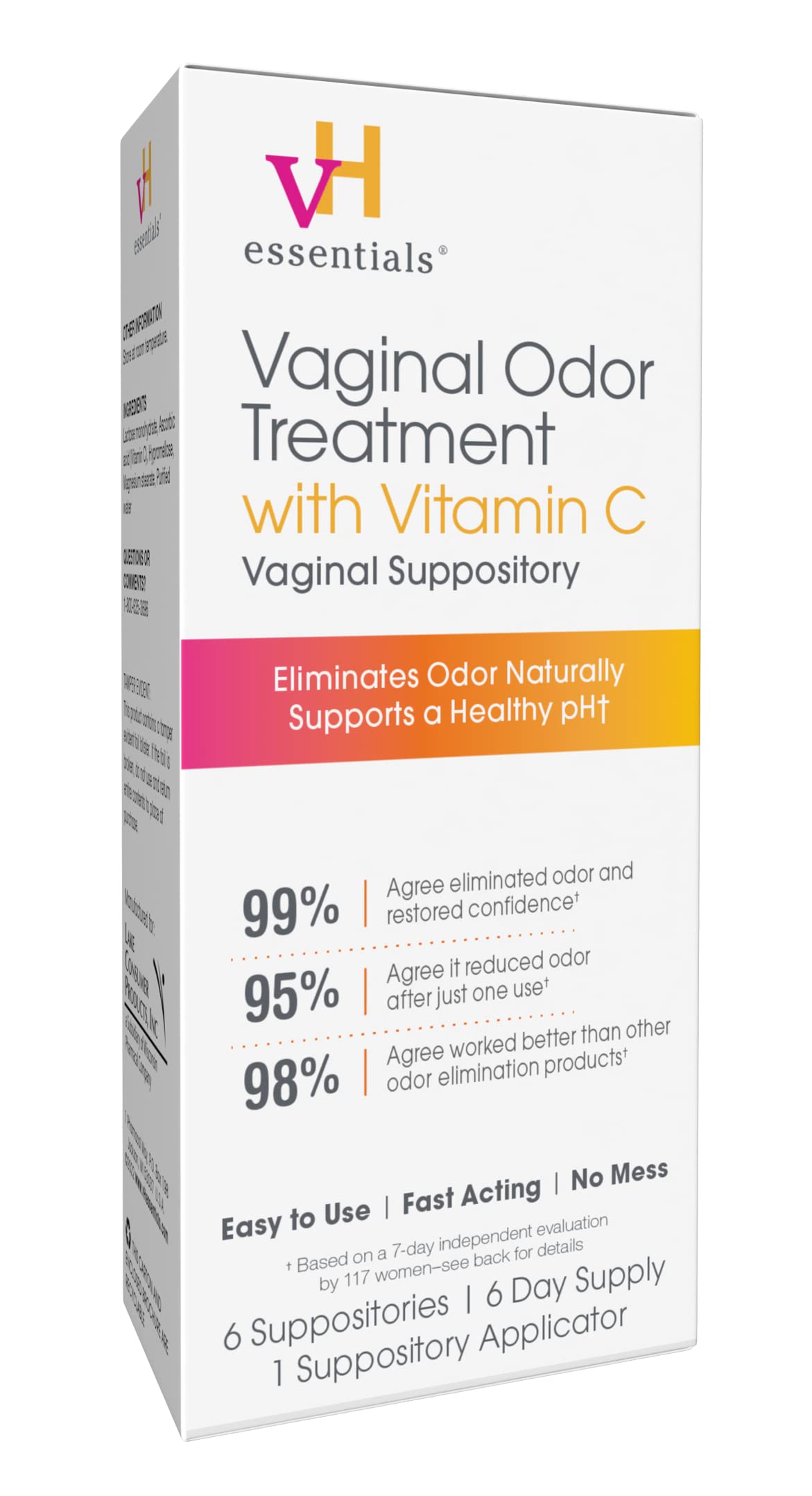 vH essentials Vaginal Odor Treatment with Vitamin C, Boric Acid Suppositories Alternative