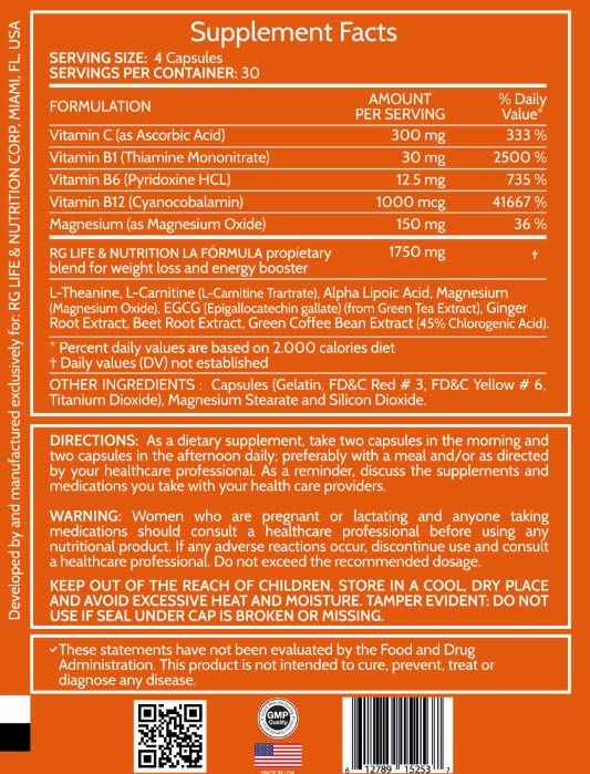 RG LIFE & NUTRITION - Weight Loss Pills, Energy Booster and Fat Burner with Magnesium RG LIFE & NUTRITION