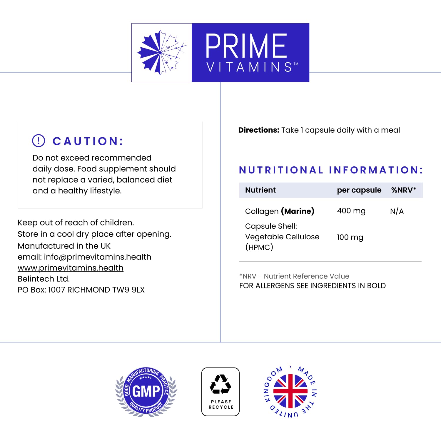 Marine Collagen 400mg | Hydrolysed Collagen Supplements for Women & Men PRIME VITAMINS