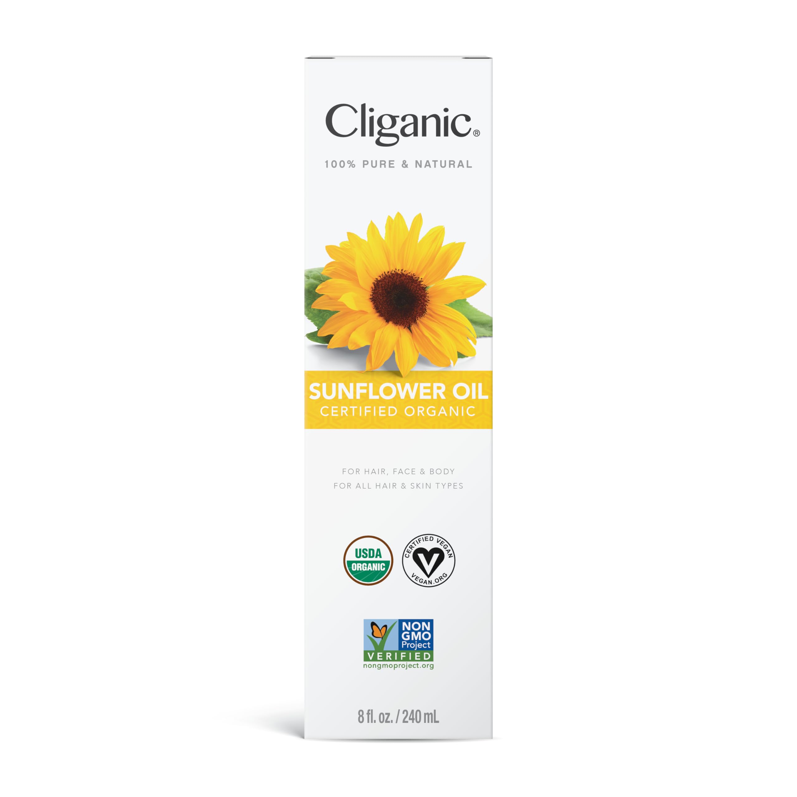 Cliganic Organic Sunflower Oil, 100% Pure (8oz) - For Skin, Hair & Face | Natural Cold Pressed Unrefined Cliganic