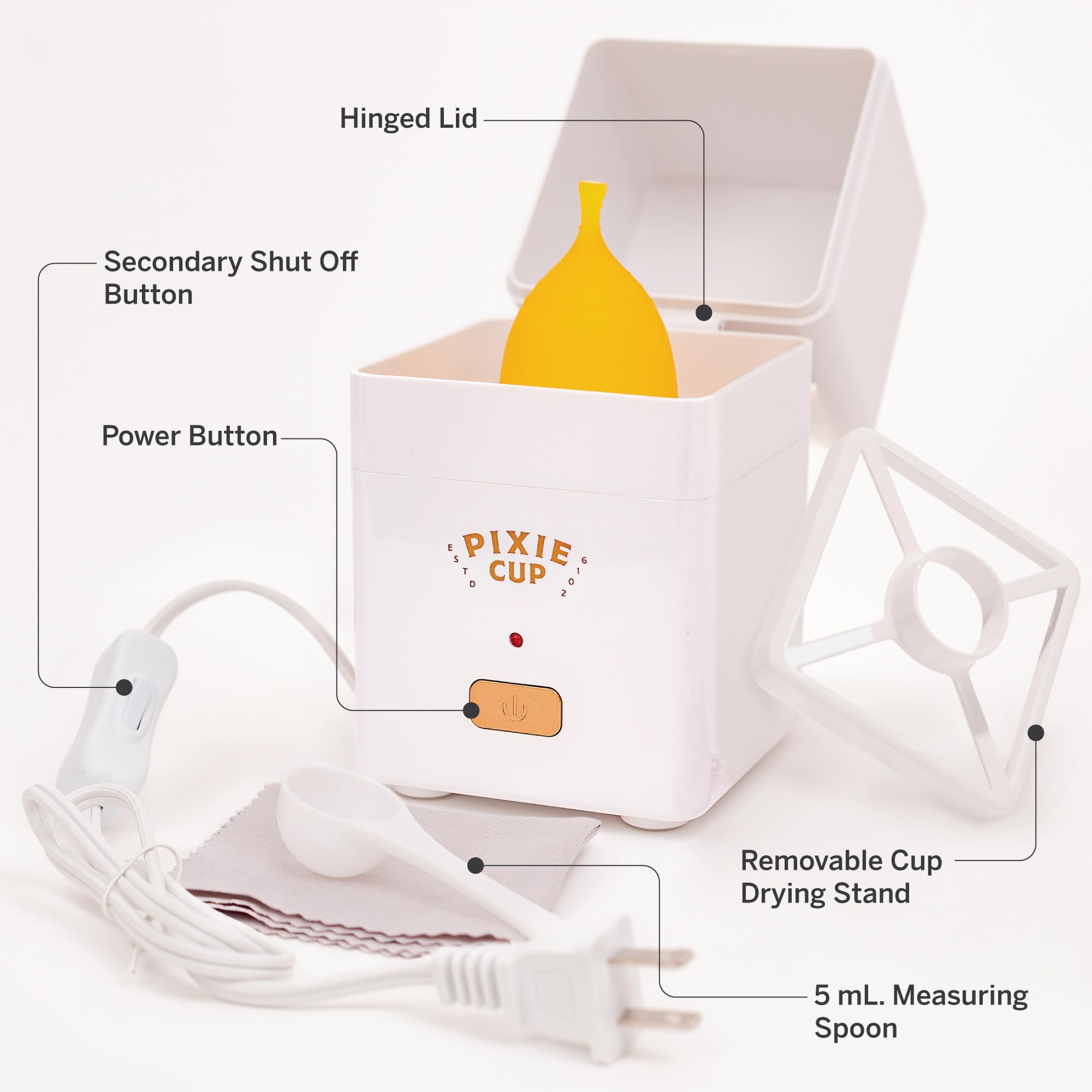 Pixie Menstrual Cup Sterilizer Cleaner Machine - The Only Hinged Lid Steamer & Drying Stand Pixie Cup