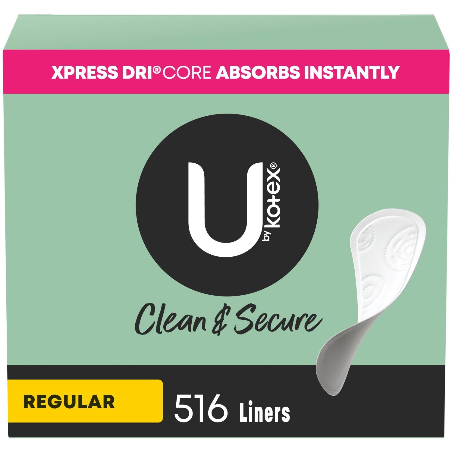 U by Kotex Clean & Secure Panty Liners, Light Absorbency, Regular Length, 516 Count