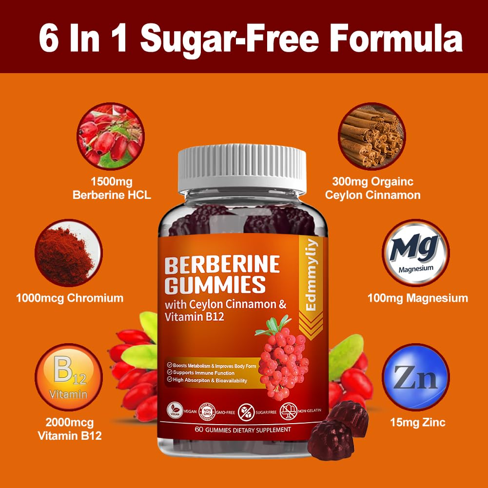 Berberine Gummies 1600mg with Ceylon Cinnamon Sugar Free High Potency Berberine Edmmyliy