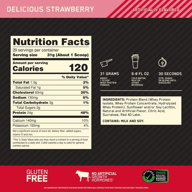 Optimum Nutrition Gold Standard 100% Whey Protein Powder, Delicious Strawberry Optimum Nutrition