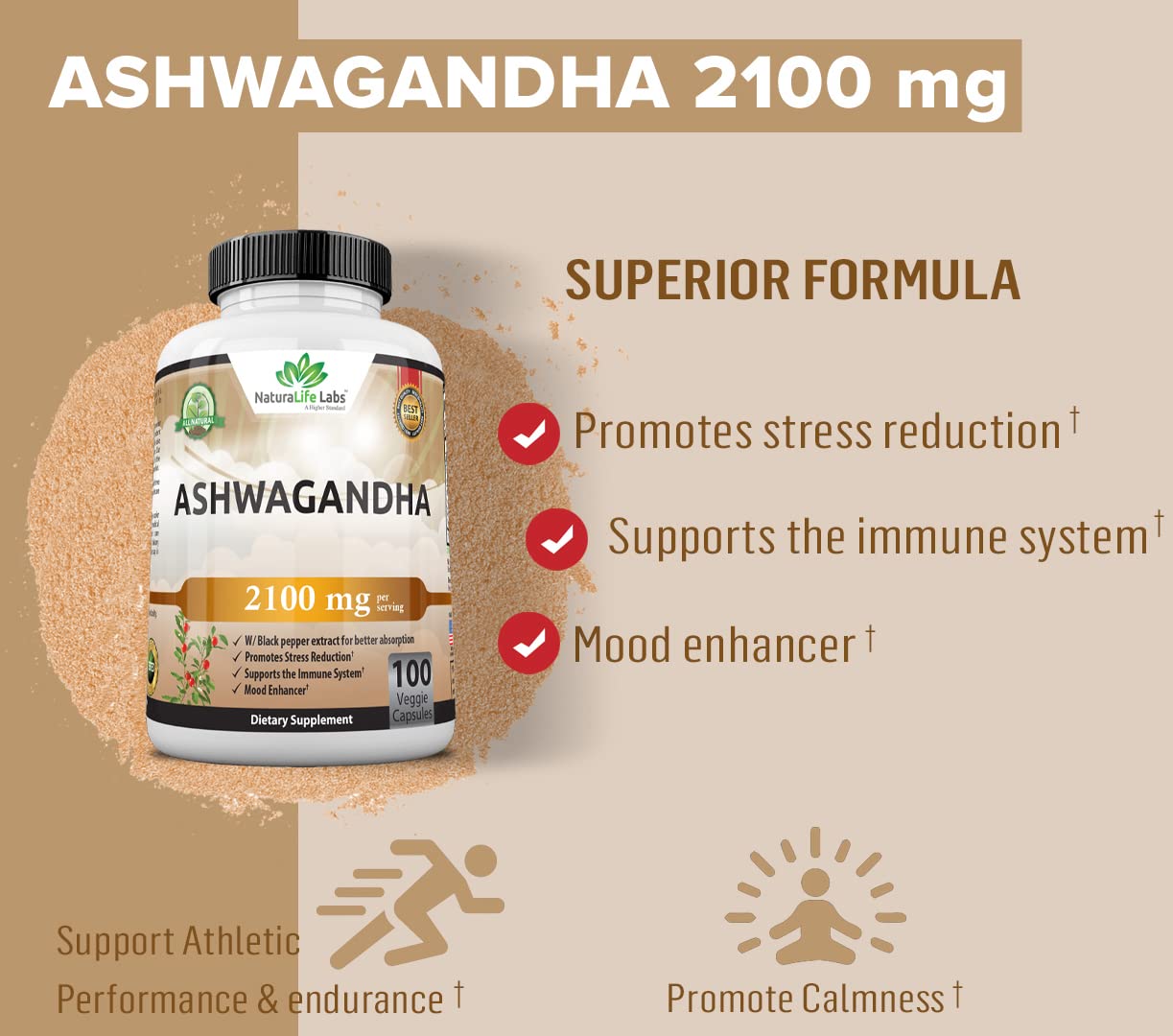 Organic Ashwagandha 2,100 mg - 100 Vegan Capsules Pure Organic Ashwagandha Powder NaturaLife Labs A Higher Standard