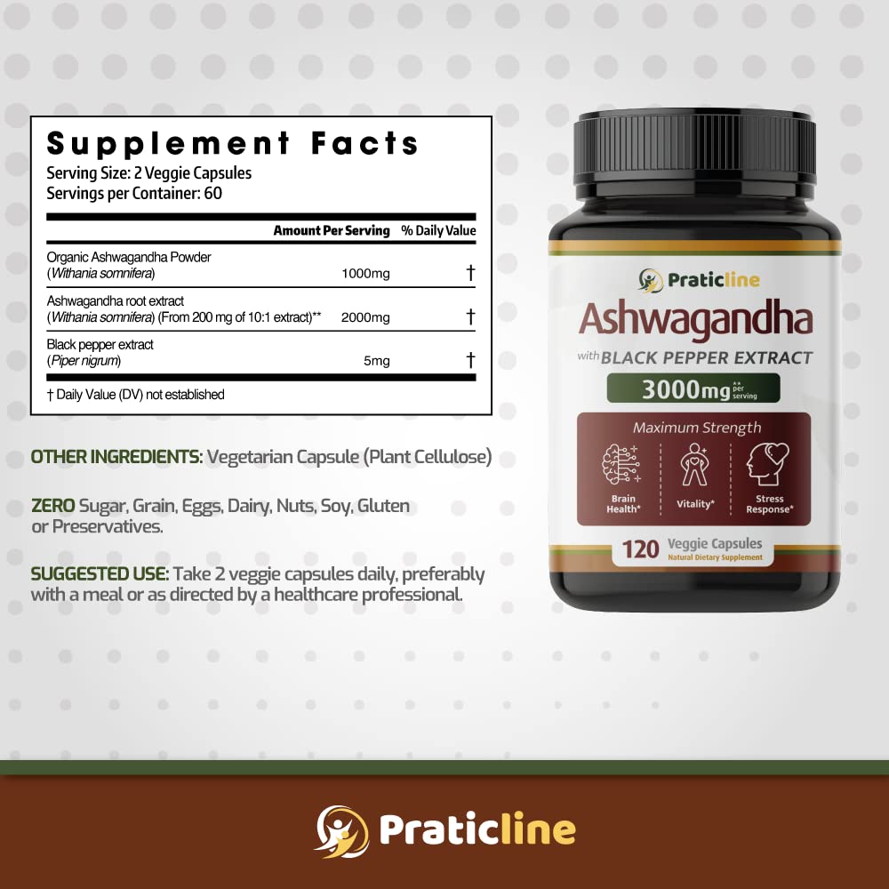 PRATIC LINE Ashwagandha Capsules 3,000 mg - 120 Vegan Cap Made with Organic PRATIC LINE