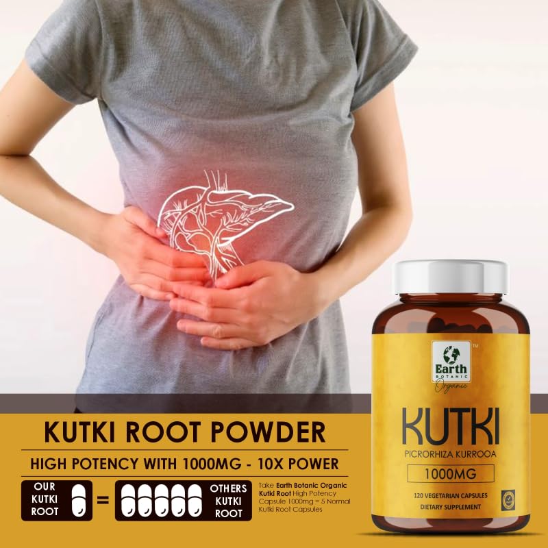 Earth BOTANIC Organic Kutki Root Powder 1000mg 120 Capsules (Picorohiza Kurrooa) Earth BOTANIC Organic