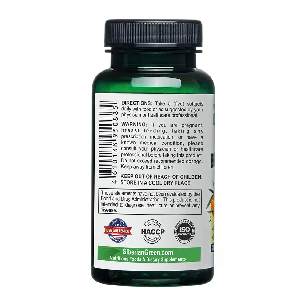 Siberian Sea Buckthorn Oil Capsules 200 Softgels | from Wild-harvested Siberian Sea Siberian Green