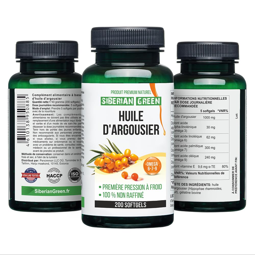 Siberian Sea Buckthorn Oil Capsules 200 Softgels | from Wild-harvested Siberian Sea Siberian Green