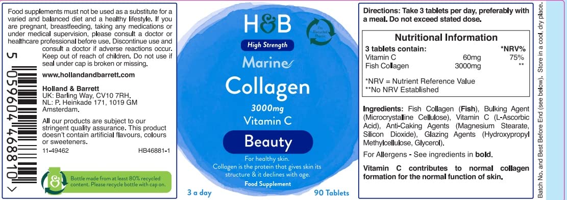 Holland and Barrett Marine Collagen with Vitamin C 3000mg 90 Tablets Holland & Barrett
