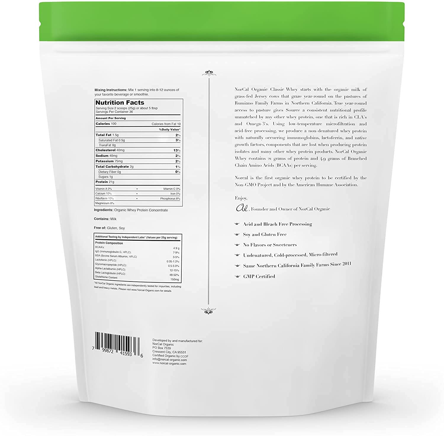 NorCal Organic Classic Whey Protein - 2lbs Bulk | 100% Grass-Fed & Finished NorCal Organic