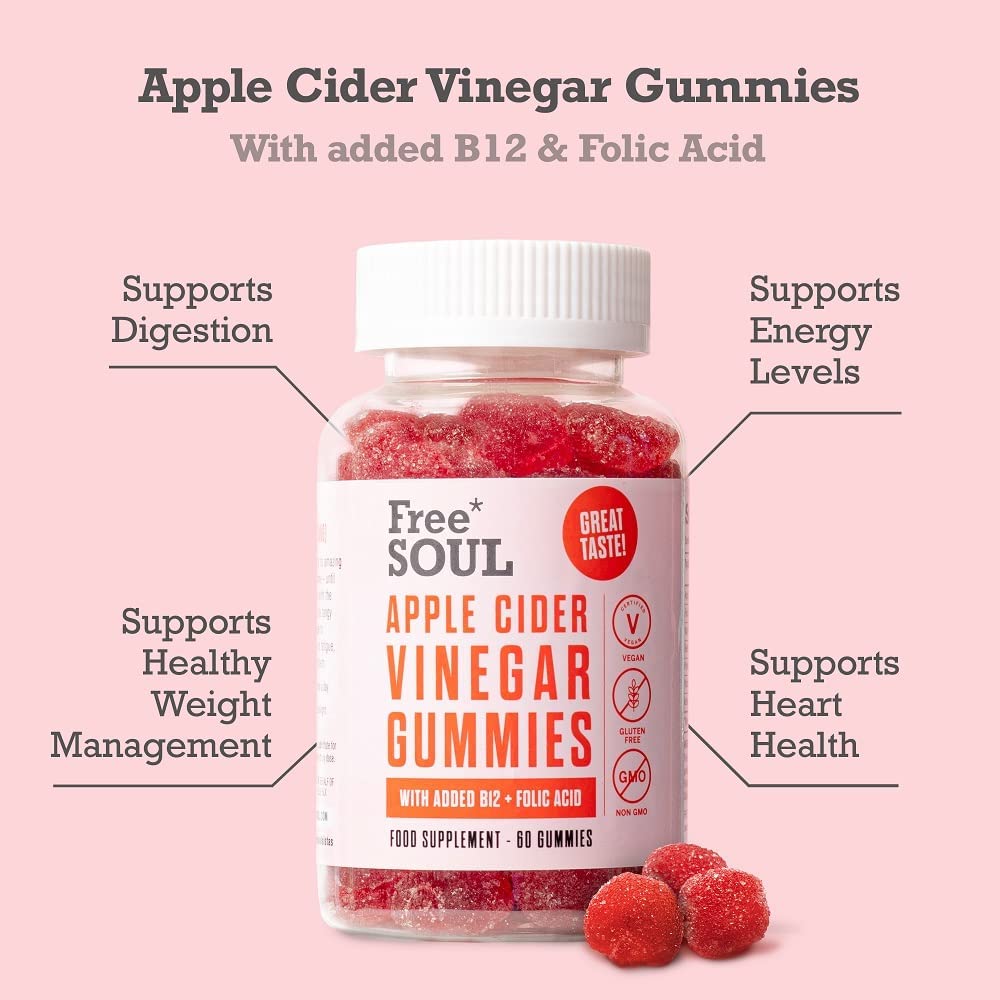 Apple Cider Vinegar Gummies with The Mother 1000mg Enhanced with Vitamin B12 & Folic Free Soul