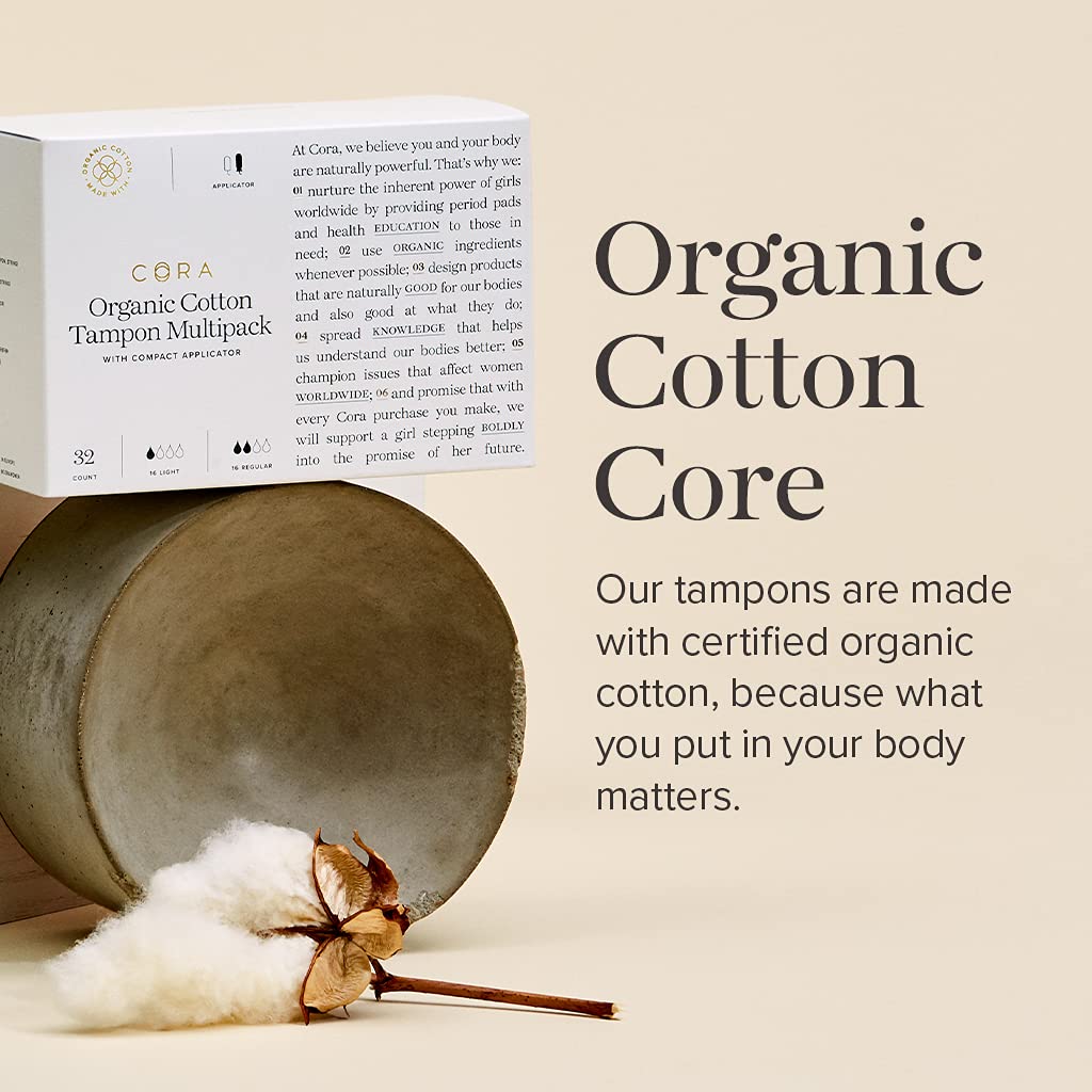 Cora Organic Applicator Tampons | Light Absorbency | 100% Cotton Core, Unscented, BPA-Free Compact Cora