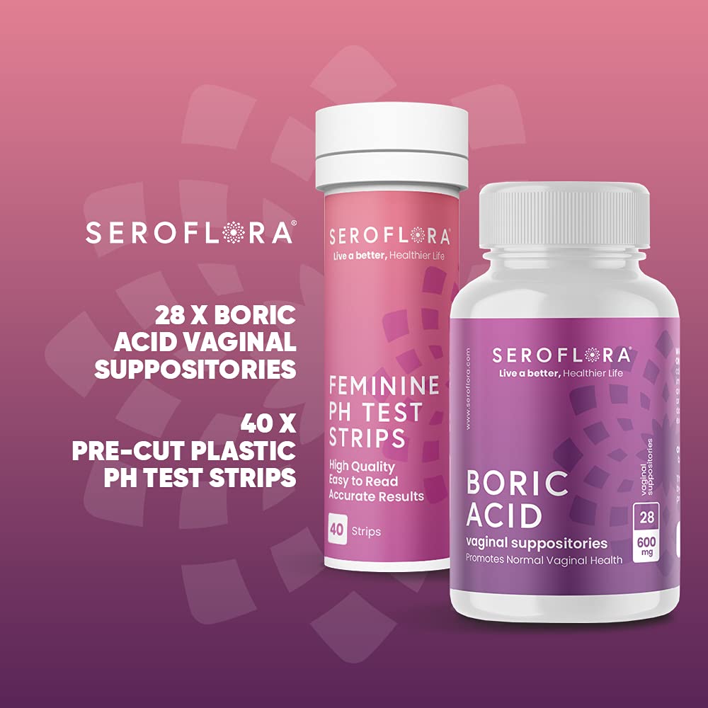 Seroflora Boric Acid Vaginal Suppositories 600mg (28ct) & 40 pH Test Strips for Women Seroflora