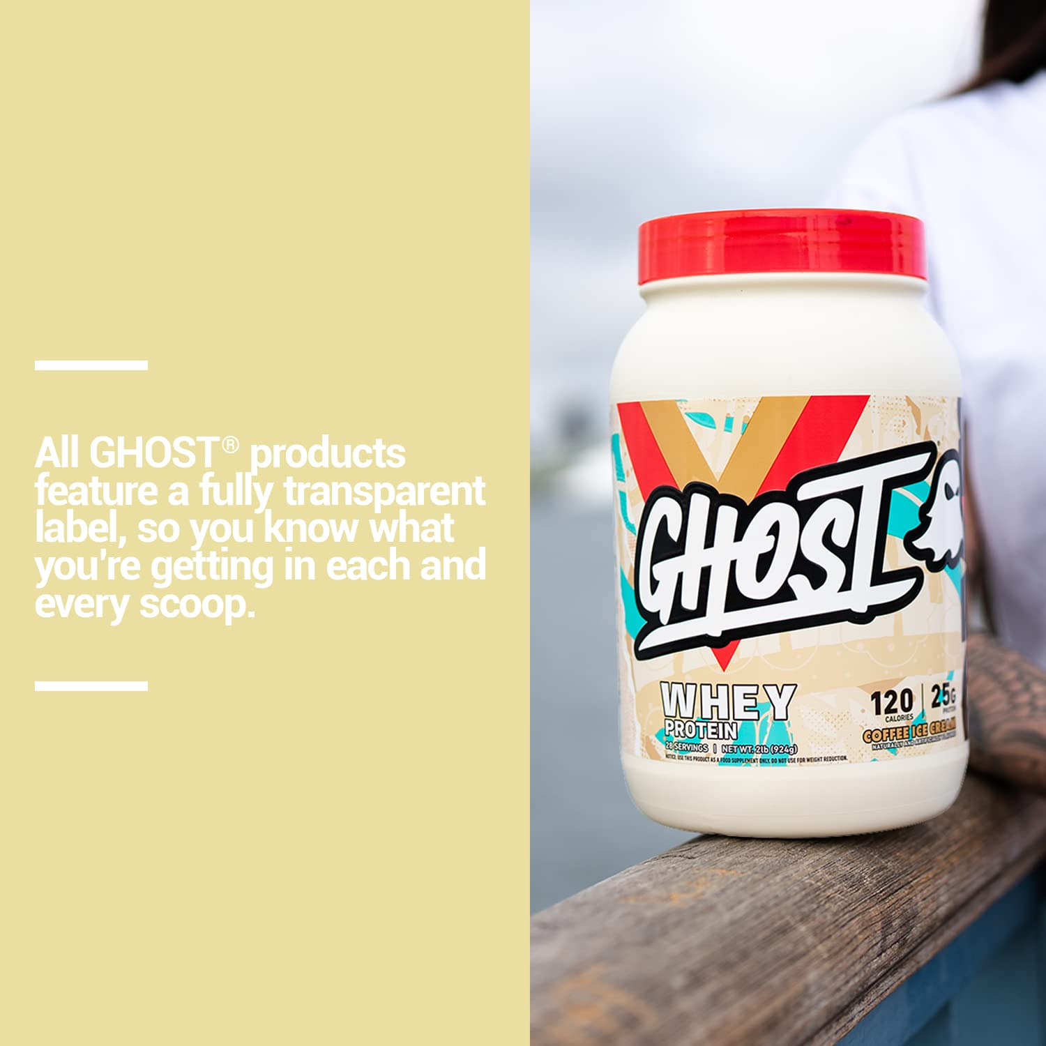 GHOST Whey Protein Powder, Coffee Ice Cream - 2LB Tub, 25G of Protein - Flavored Isolate GHOST