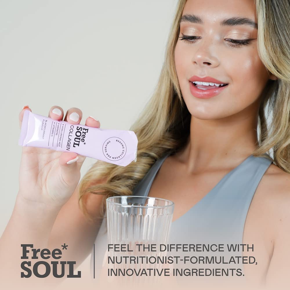 Marine Collagen Liquid 8000mg with Hyaluronic Acid, Keratin, & Vitamin C, 14 x 8000mg Hydrolysed Collagen Free Soul