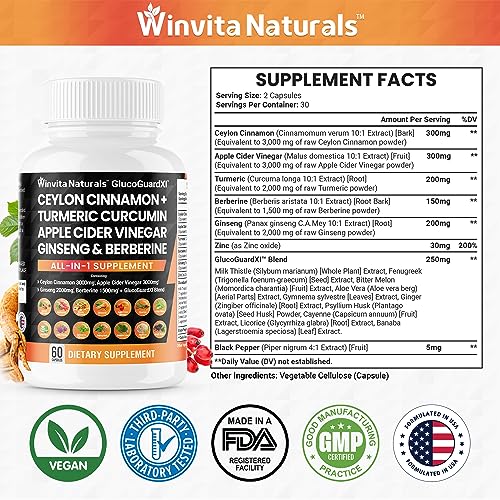 Ceylon Cinnamon 3000mg Apple Cider Vinegar 3000mg Turmeric 2000mg Panax Ginseng Winvita Naturals