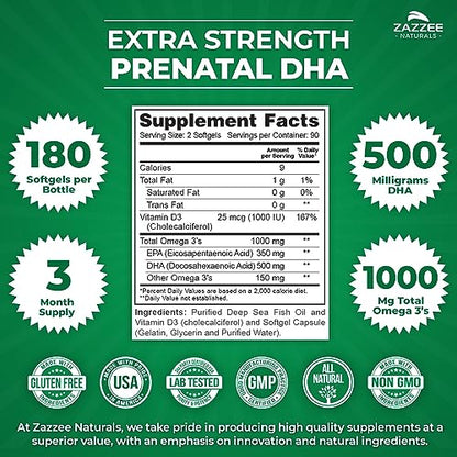 Zazzee Extra Strength Prenatal DHA 500 mg, 180 Enteric Coated Softgels, 1000 mg Omega 3’s