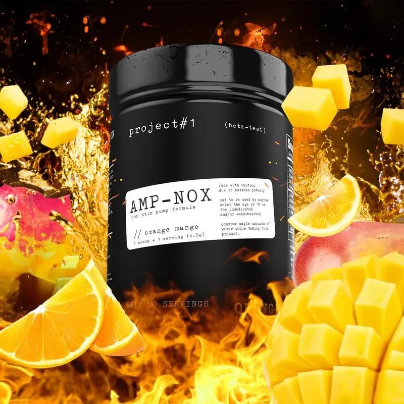 Project #1 AMP-NOX: Pre & Post Workout Powder to Boost Focus & Pump | Energizing Protein Drink for Gym Goers and Athletes | Stim-Free Muscle Primer - Instant Strength [40 Servings] - Orange Mango