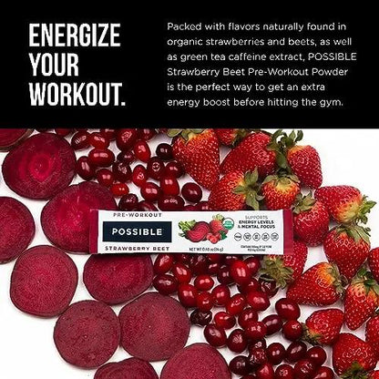 Possible Beet Pre-Workout - Strawberry Beet Flavor - Individually Wrapped Servings - Contains B-Vitamins and Green Tea Caffeine Extract - Source of Nitrates - 1 Bag, 20 Stick Packs