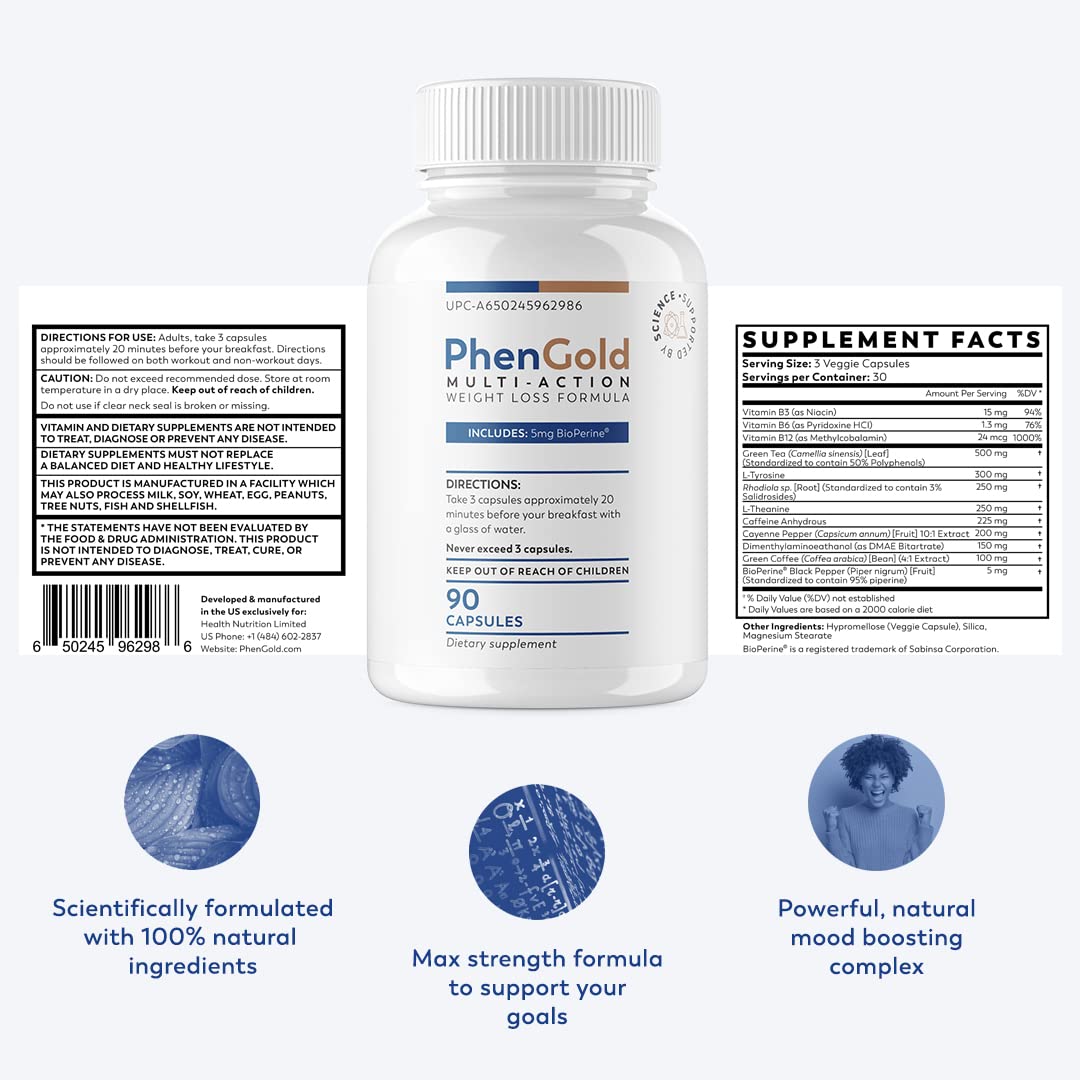 PhenGold Pills, Original Multi-Action Weight Management Formula with Green Tea PhenGold