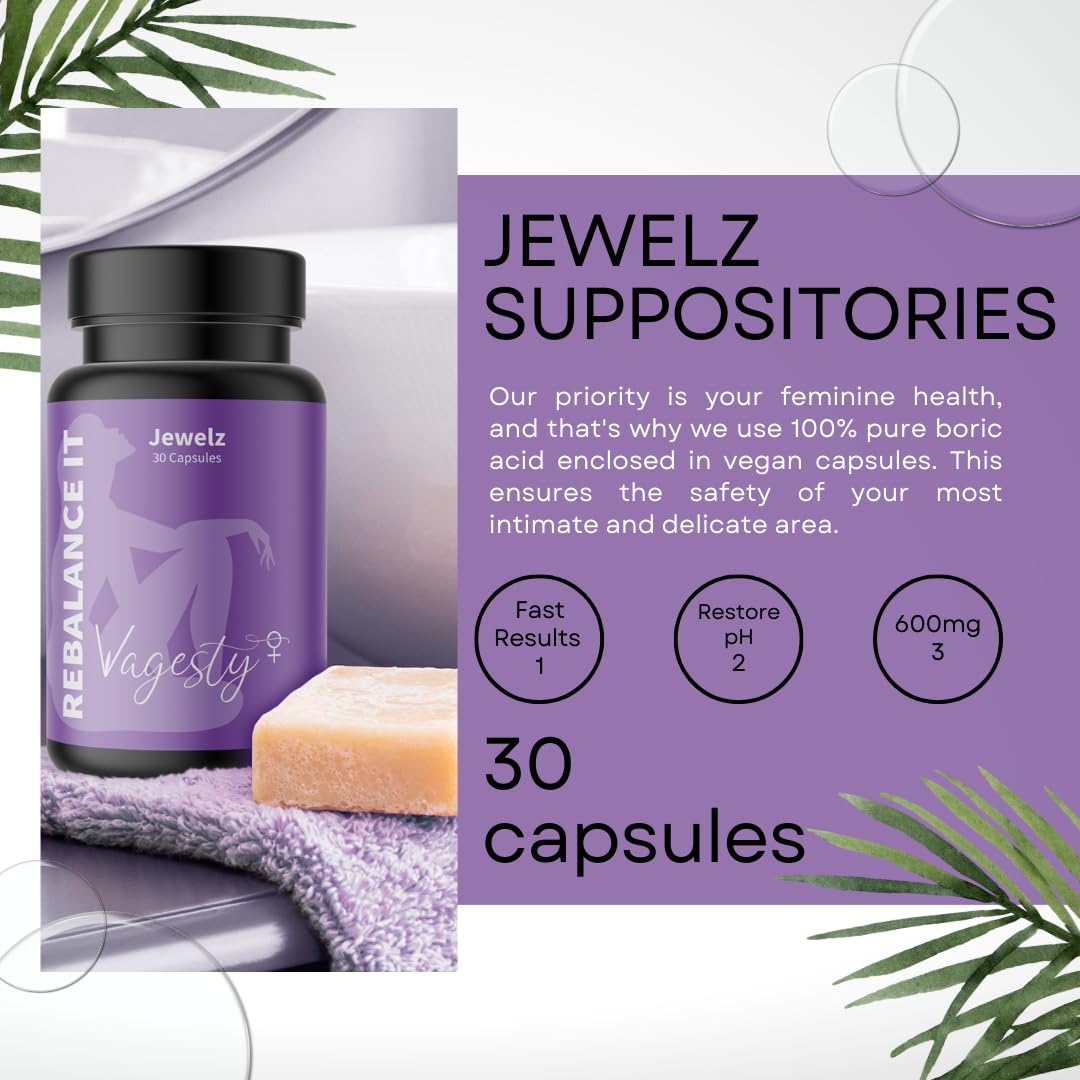 Vagesty Jewelz boric Acid Vaginal Suppositories, 100% Pure boric Acid, rebalance Vaginal pH Vagesty