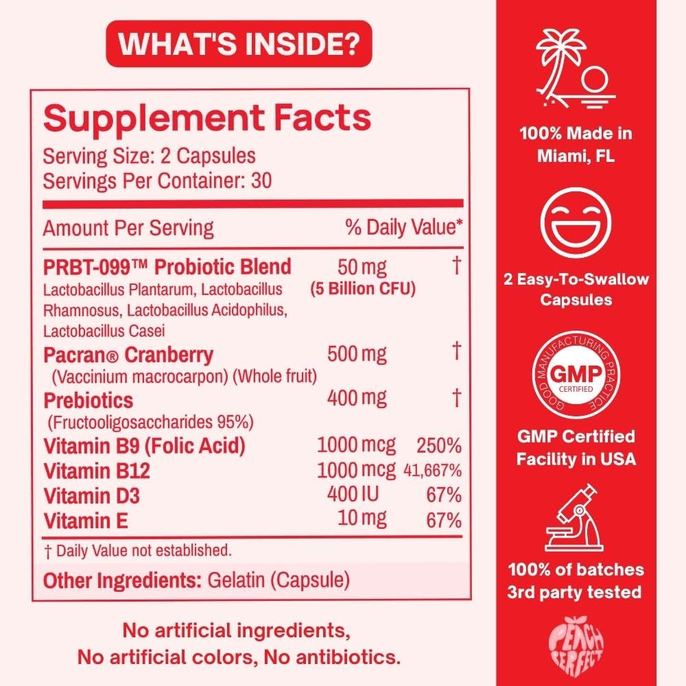 Purely Pink Prebiotic Probiotic Blend for Vaginal Health - Promote pH Balance, Healthy Flora and Odor Peach Perfect