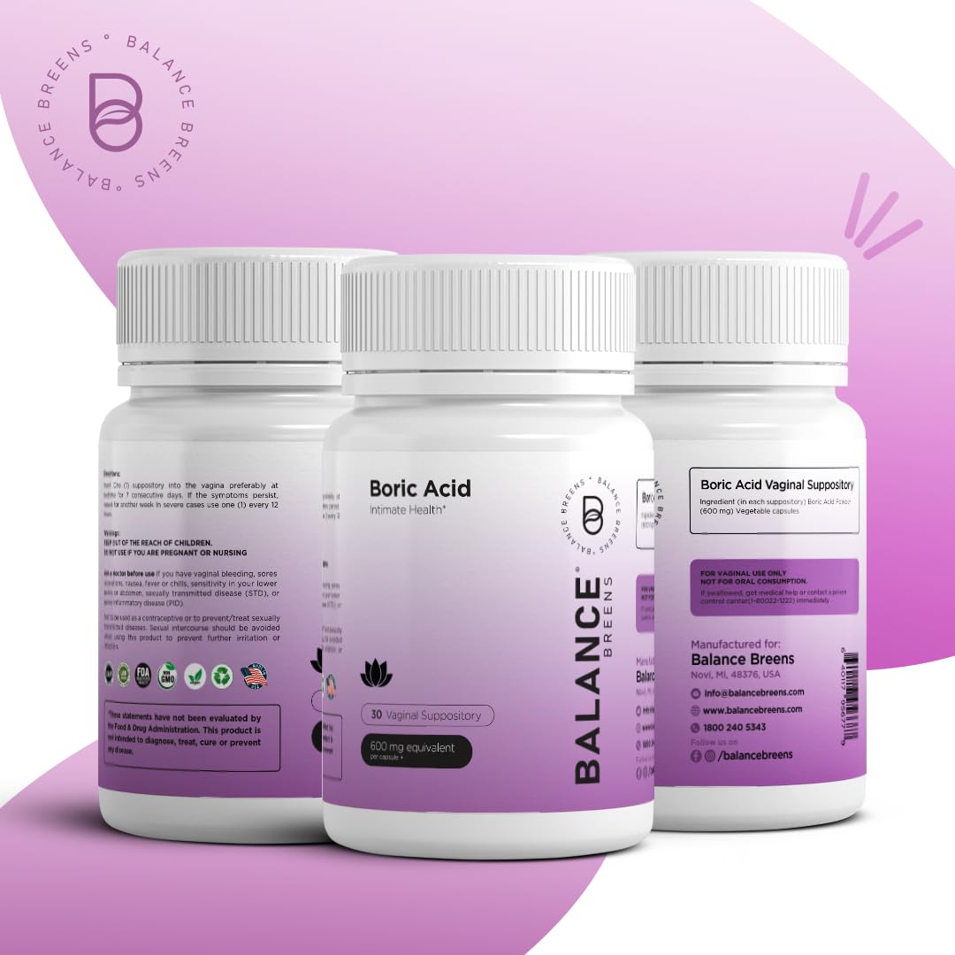 Boric Acid Suppositories for Women 600 mg - 30 Vaginal Use Capsules - ph Balance Pills, Odor Control Balancebreens